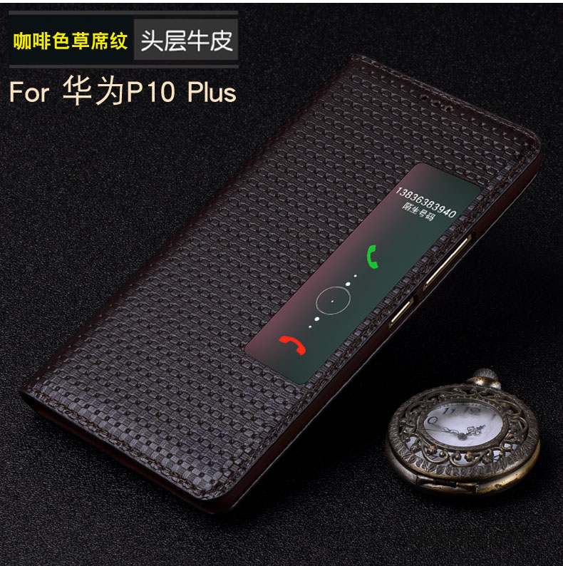Huawei P10 Plus Coque Étui Dormance Noir Protection Cuir Véritable Téléphone Portable