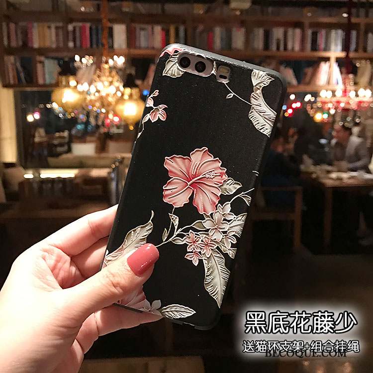 Huawei P10 Silicone Noir Fluide Doux Délavé En Daim Floral Coque De Téléphone