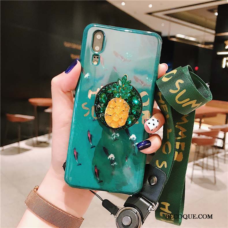 Huawei P20 Coque Bleu Cou Suspendu Vert Strass Personnalité Tout Compris