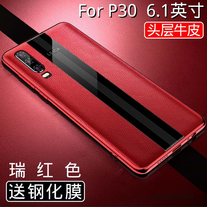 Huawei P30 Coque De Téléphone Protection Étui Incassable Rouge Cuir Véritable