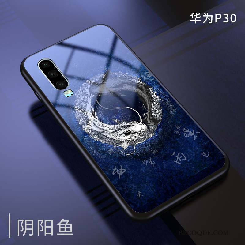 Huawei P30 Coque Incassable Bleu Marque De Tendance Protection Verre Mince