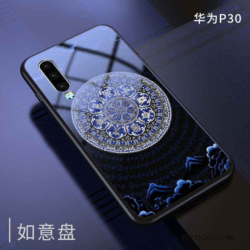 Huawei P30 Coque Incassable Bleu Marque De Tendance Protection Verre Mince