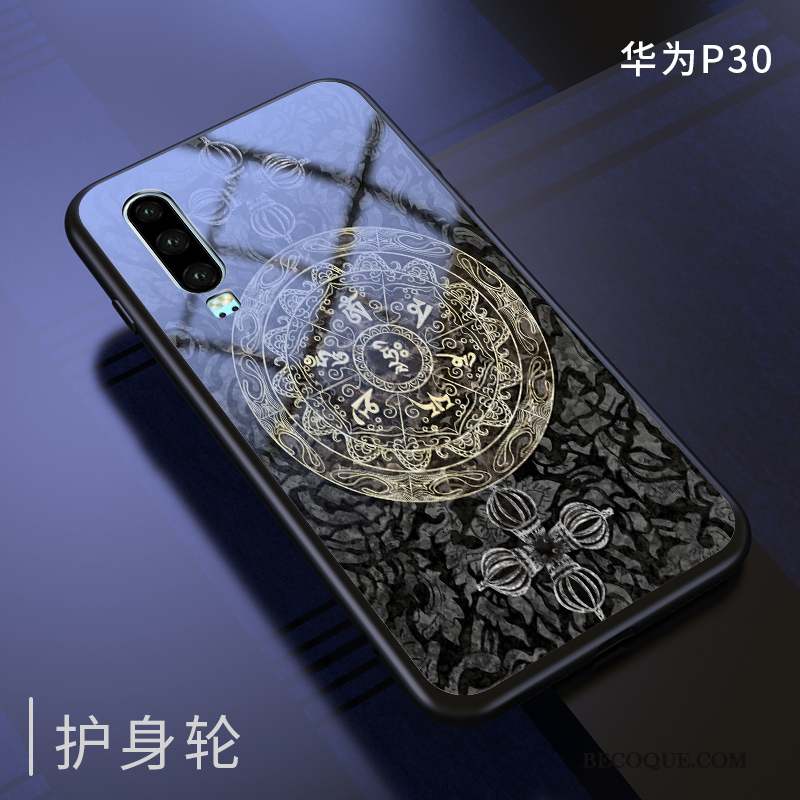 Huawei P30 Coque Incassable Bleu Marque De Tendance Protection Verre Mince