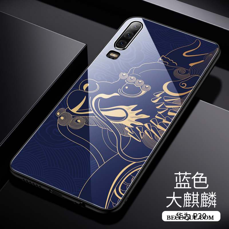 Huawei P30 Coque Silicone Protection Bleu Verre Couvercle Arrière Tendance