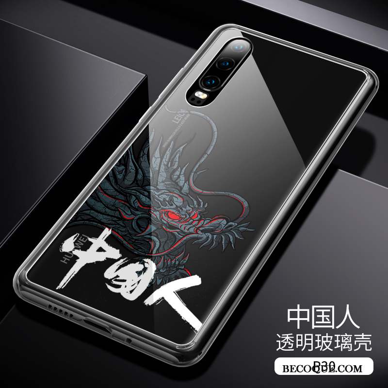 Huawei P30 Coque Style Chinois Très Mince Étui Incassable Noir Verre
