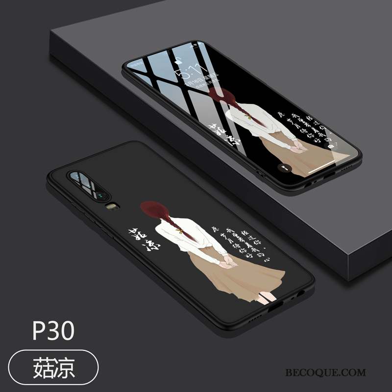 Huawei P30 Coque Tout Compris Très Mince Noir Silicone Marque De Tendance Délavé En Daim