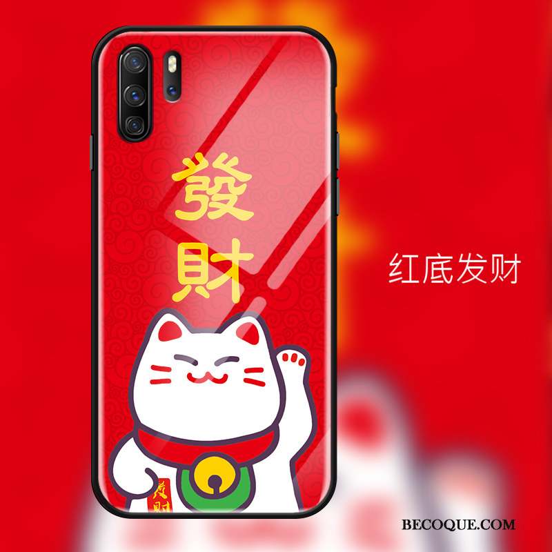 Huawei P30 Pro Coque Incassable Verre Trempé Ornements Suspendus Miroir Étui Chat