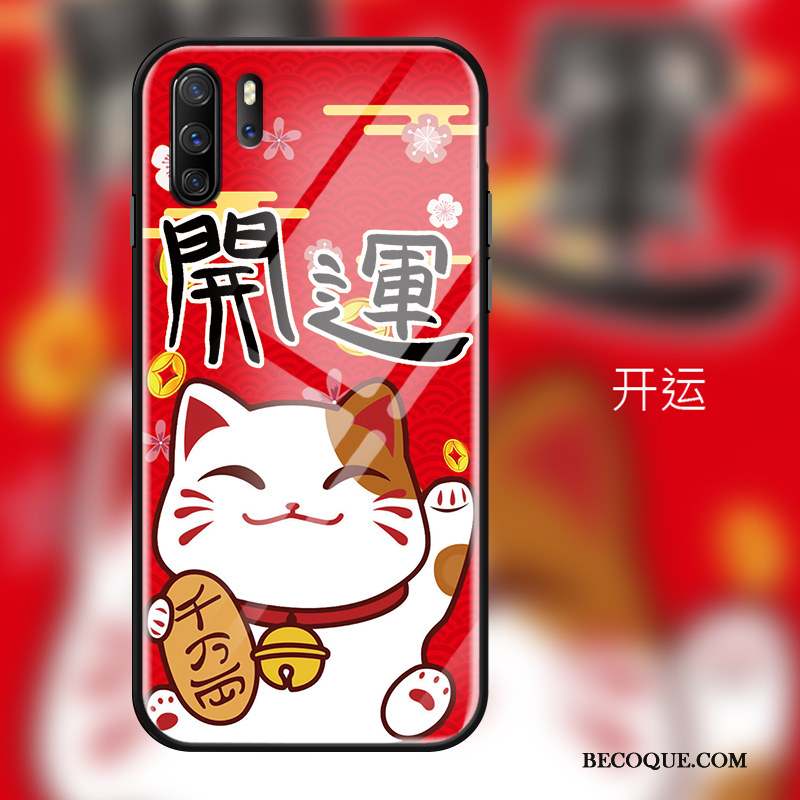 Huawei P30 Pro Coque Incassable Verre Trempé Ornements Suspendus Miroir Étui Chat