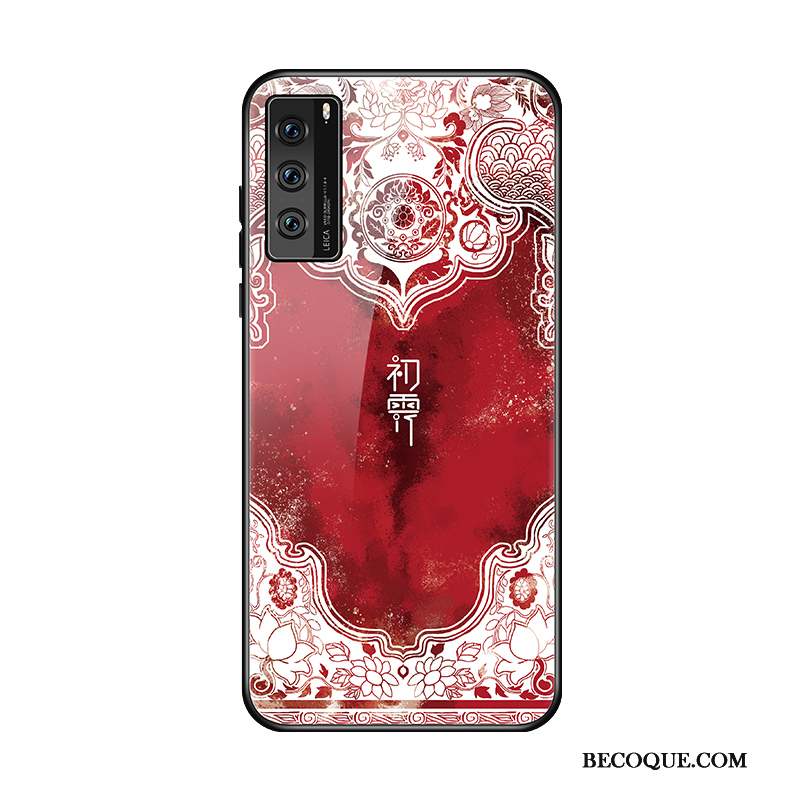 Huawei P40 Coque Net Rouge Marque De Tendance Verre Étui Protection Bleu