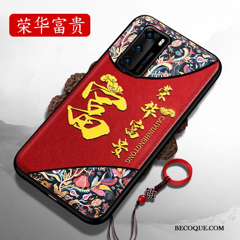 Huawei P40 Coque Net Rouge Style Chinois Silicone Gaufrage Très Mince Délavé En Daim