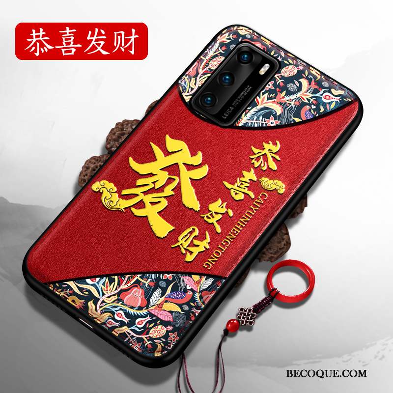 Huawei P40 Coque Net Rouge Style Chinois Silicone Gaufrage Très Mince Délavé En Daim
