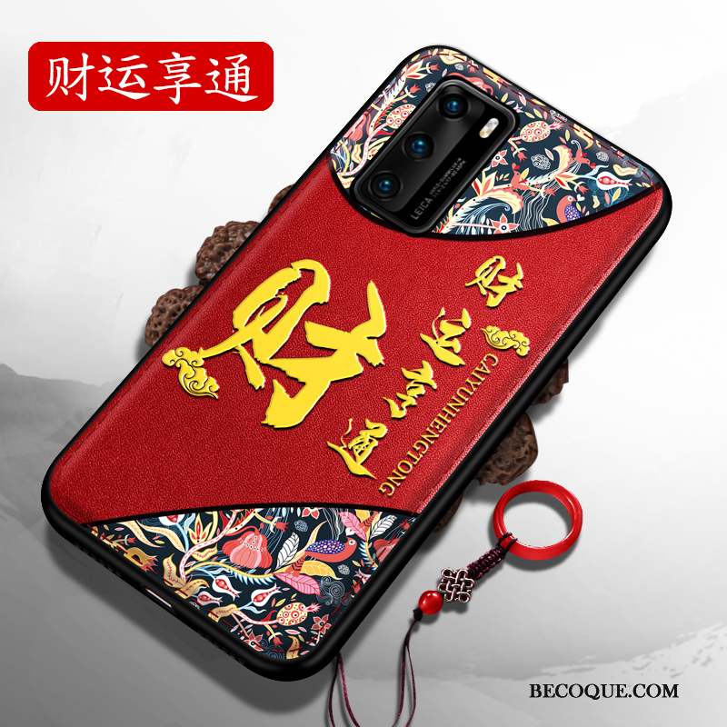 Huawei P40 Coque Net Rouge Style Chinois Silicone Gaufrage Très Mince Délavé En Daim