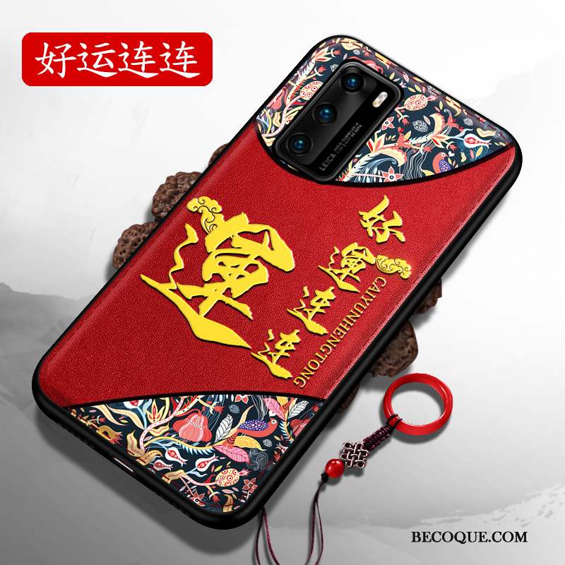 Huawei P40 Coque Net Rouge Style Chinois Silicone Gaufrage Très Mince Délavé En Daim