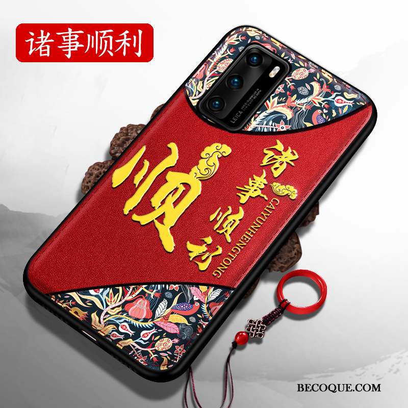 Huawei P40 Coque Net Rouge Style Chinois Silicone Gaufrage Très Mince Délavé En Daim