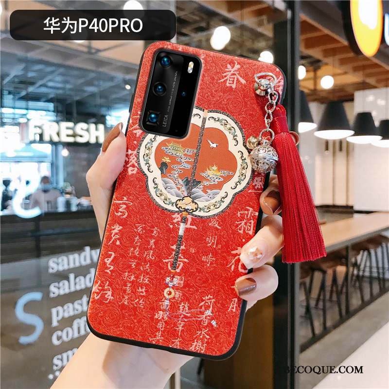 Huawei P40 Pro Coque Étui Protection Rouge Style Chinois Silicone À Franges