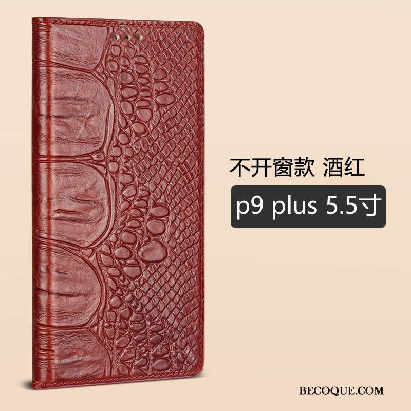 Huawei P9 Coque Protection Housse Vin Rouge Dormance Cuir Véritable Étui