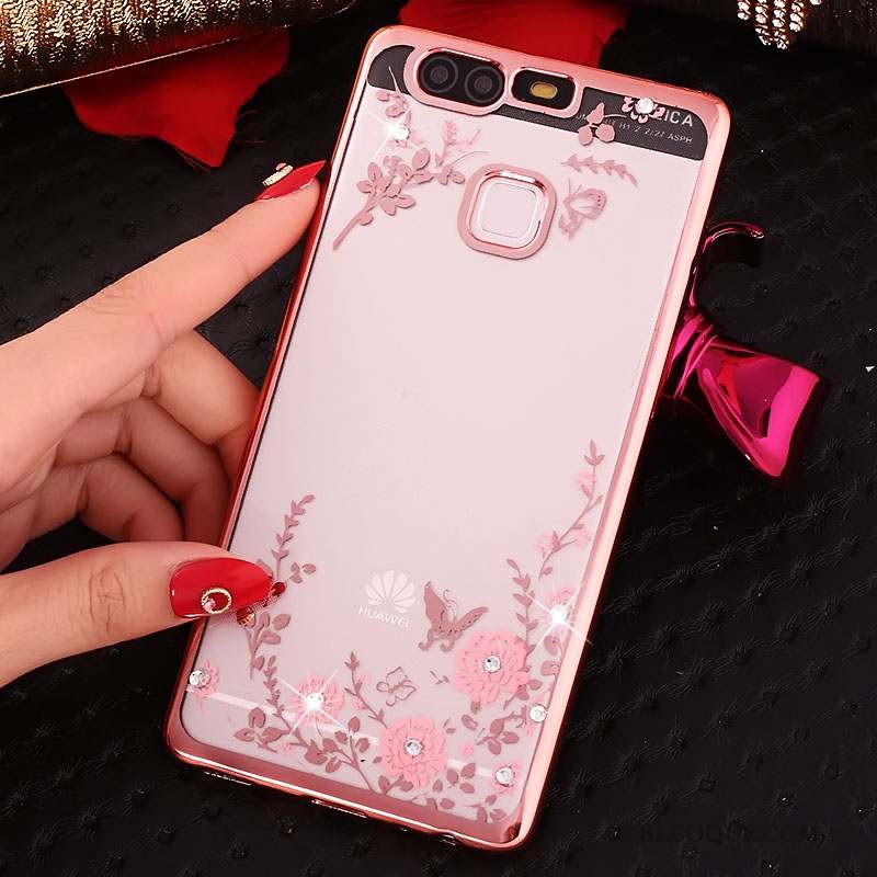 Huawei P9 Coque Téléphone Portable Rose Étui Strass Protection Silicone