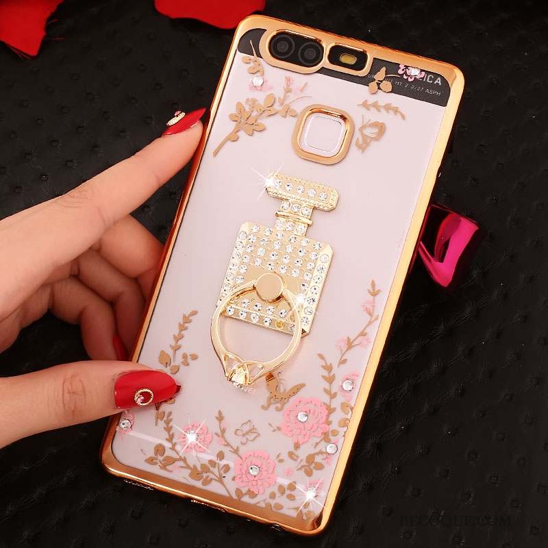 Huawei P9 Coque Téléphone Portable Rose Étui Strass Protection Silicone