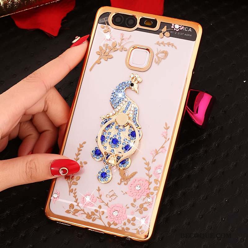 Huawei P9 Coque Téléphone Portable Rose Étui Strass Protection Silicone