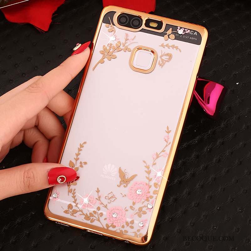 Huawei P9 Coque Téléphone Portable Rose Étui Strass Protection Silicone