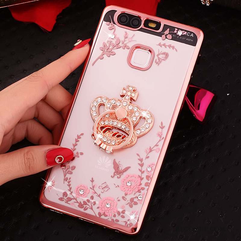 Huawei P9 Coque Téléphone Portable Rose Étui Strass Protection Silicone