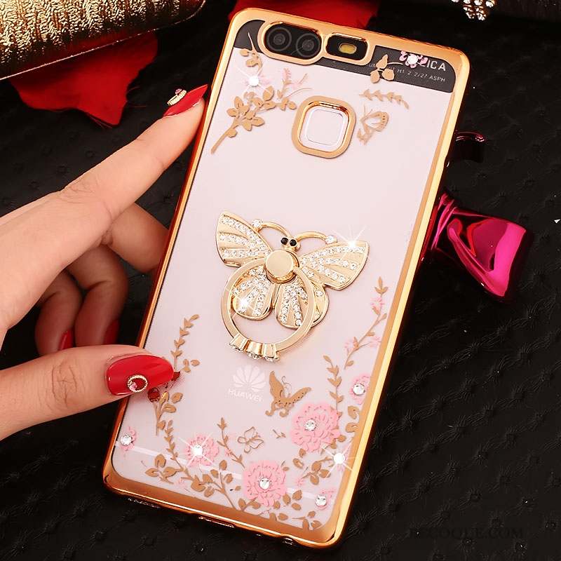 Huawei P9 Coque Téléphone Portable Rose Étui Strass Protection Silicone