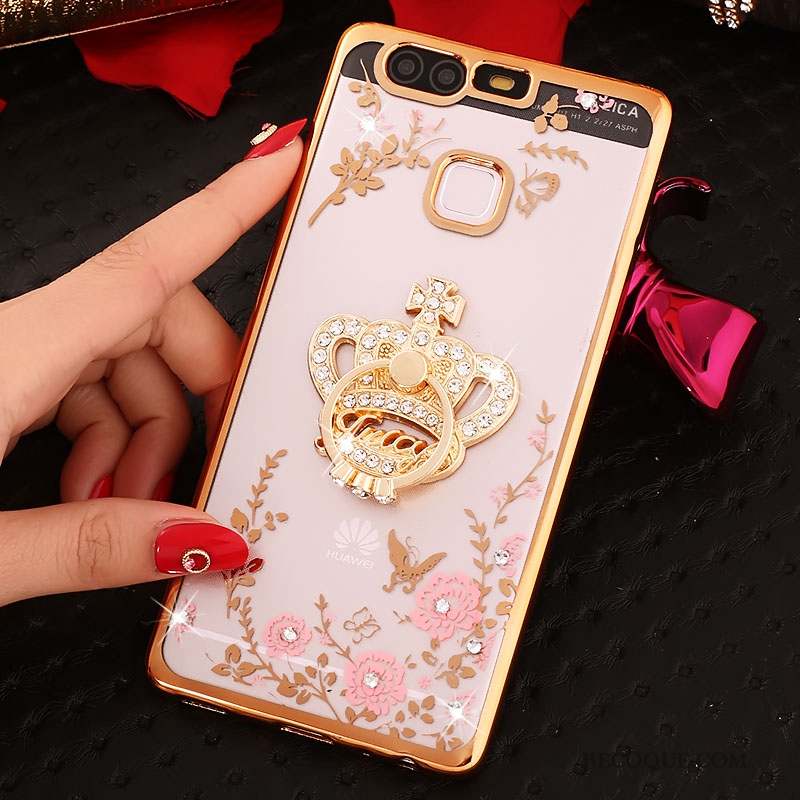 Huawei P9 Coque Téléphone Portable Rose Étui Strass Protection Silicone