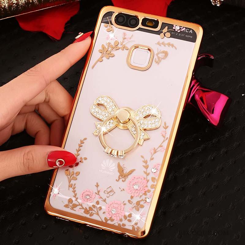 Huawei P9 Coque Téléphone Portable Rose Étui Strass Protection Silicone