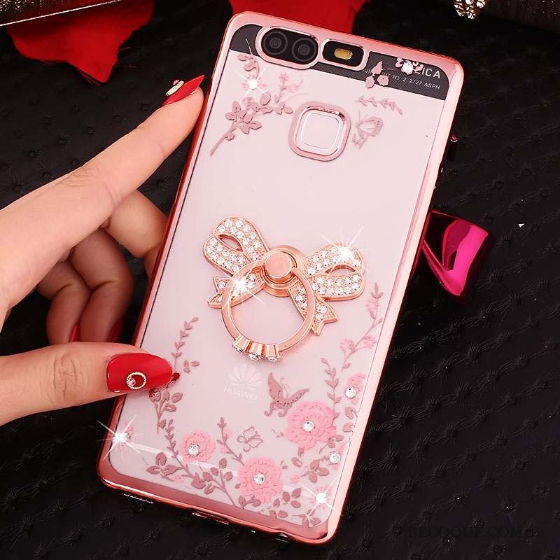 Huawei P9 Coque Téléphone Portable Rose Étui Strass Protection Silicone