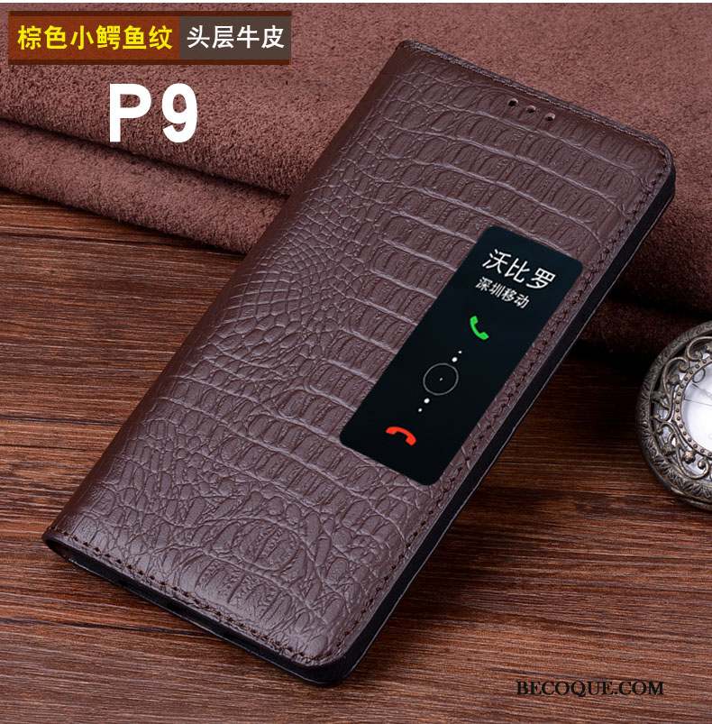 Huawei P9 Coque Étui En Cuir Téléphone Portable Membrane Dormance Protection Cuir Véritable