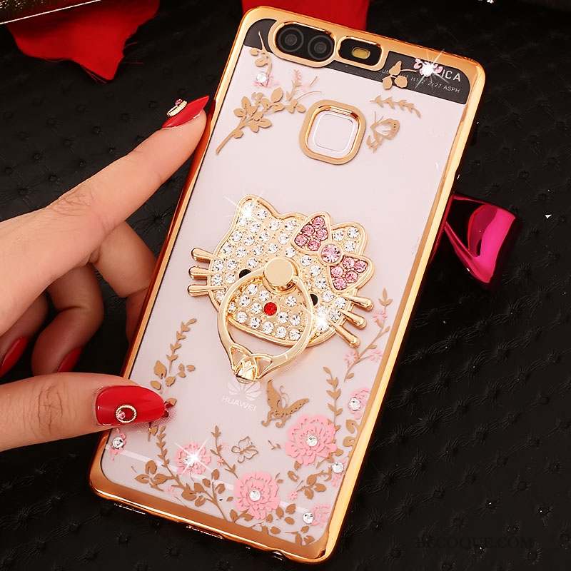 Huawei P9 Plus Coque Strass Étui Protection Support Silicone Rose