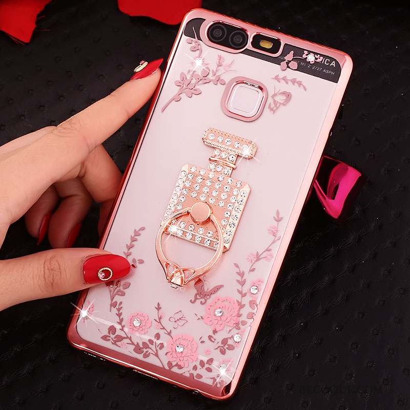 Huawei P9 Plus Coque Strass Étui Protection Support Silicone Rose