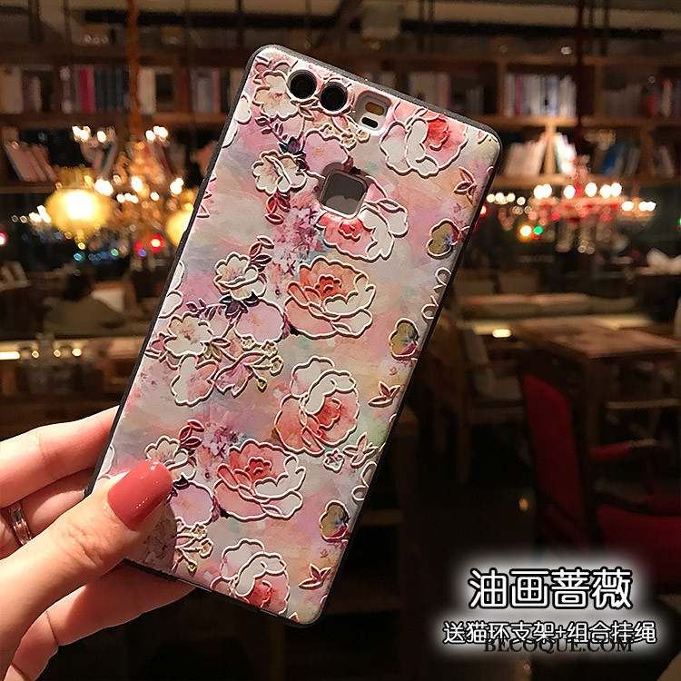 Huawei P9 Plus Noir Fluide Doux Support Gaufrage Sakura Coque De Téléphone