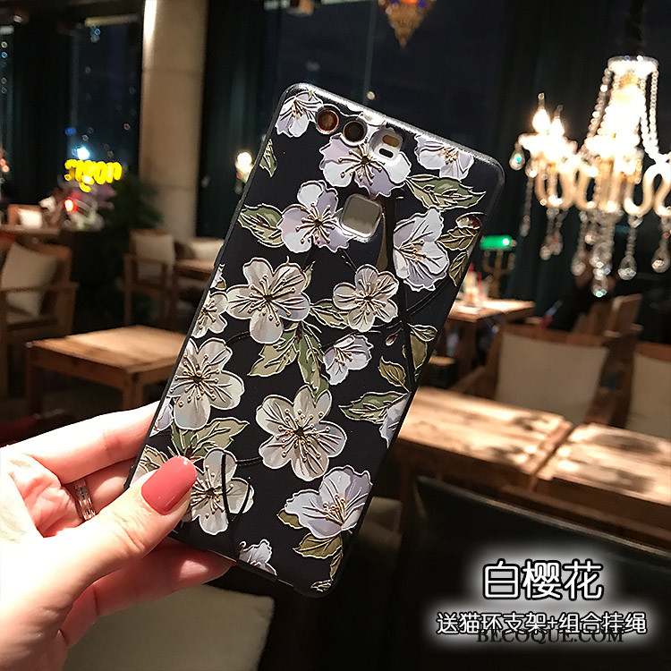 Huawei P9 Plus Noir Fluide Doux Support Gaufrage Sakura Coque De Téléphone