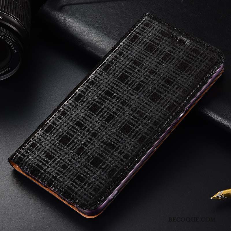 Huawei Y5 2019 Coque Modèle Fleurie Étui En Cuir Protection Plaid Vin Rouge Cuir Véritable