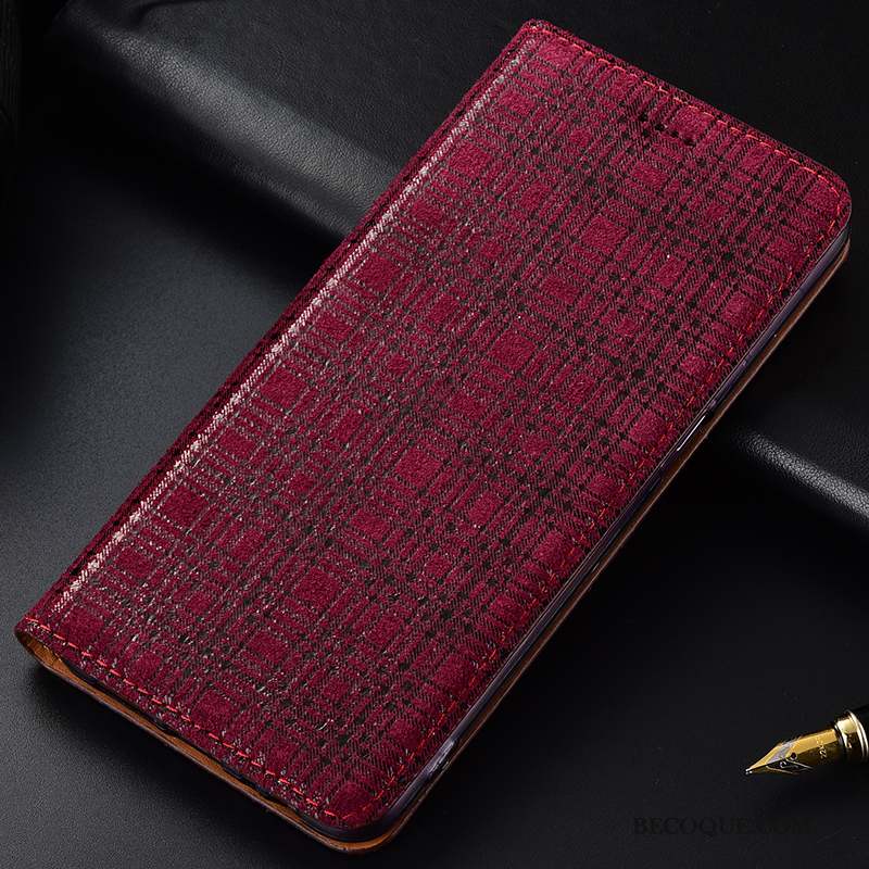 Huawei Y5 2019 Coque Modèle Fleurie Étui En Cuir Protection Plaid Vin Rouge Cuir Véritable