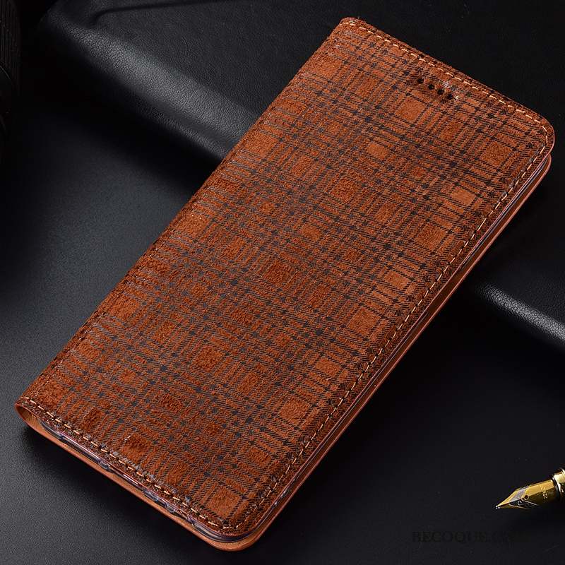 Huawei Y5 2019 Coque Modèle Fleurie Étui En Cuir Protection Plaid Vin Rouge Cuir Véritable