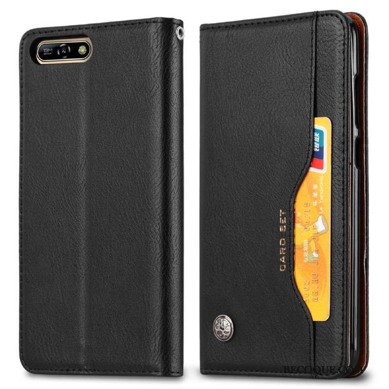 Huawei Y6 2018 Coque Foncé Étui En Cuir Vintage Carte Protection Automatique