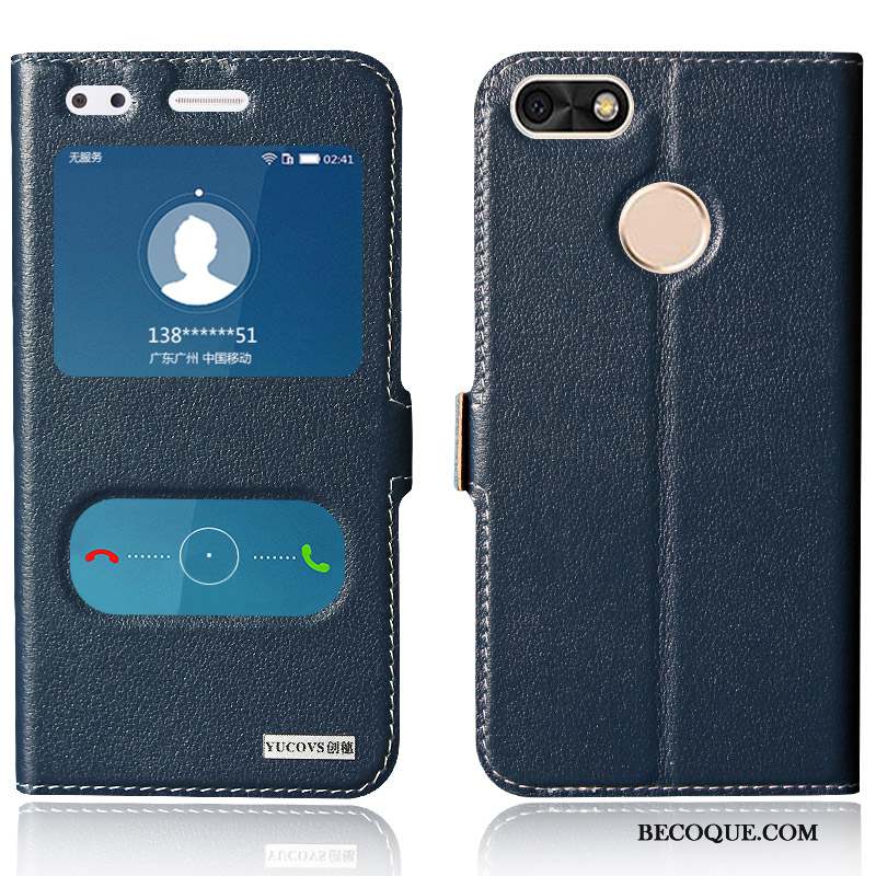 Huawei Y6 Pro 2017 Coque Housse Bleu Étui Étui En Cuir Cuir Véritable Protection