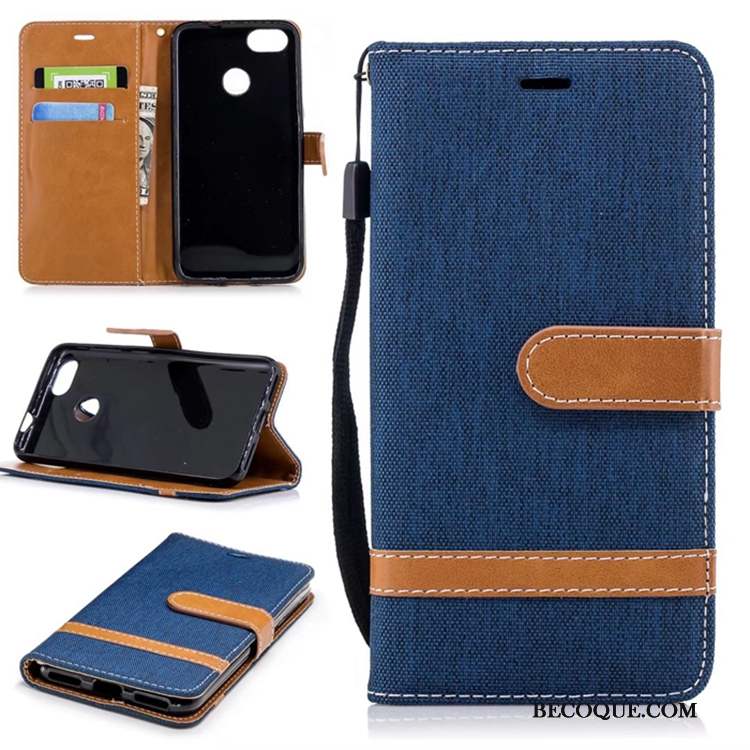 Huawei Y6 Pro 2017 Coque Support Étui En Cuir Téléphone Portable En Denim Bleu Carte