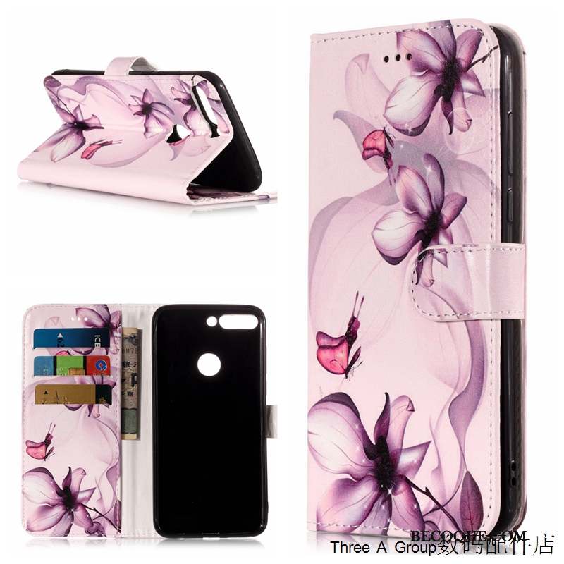 Huawei Y7 2018 Coque Étui Housse Protection Dessin Animé Rose Étui En Cuir