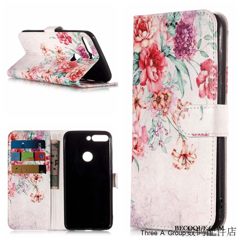 Huawei Y7 2018 Coque Étui Housse Protection Dessin Animé Rose Étui En Cuir