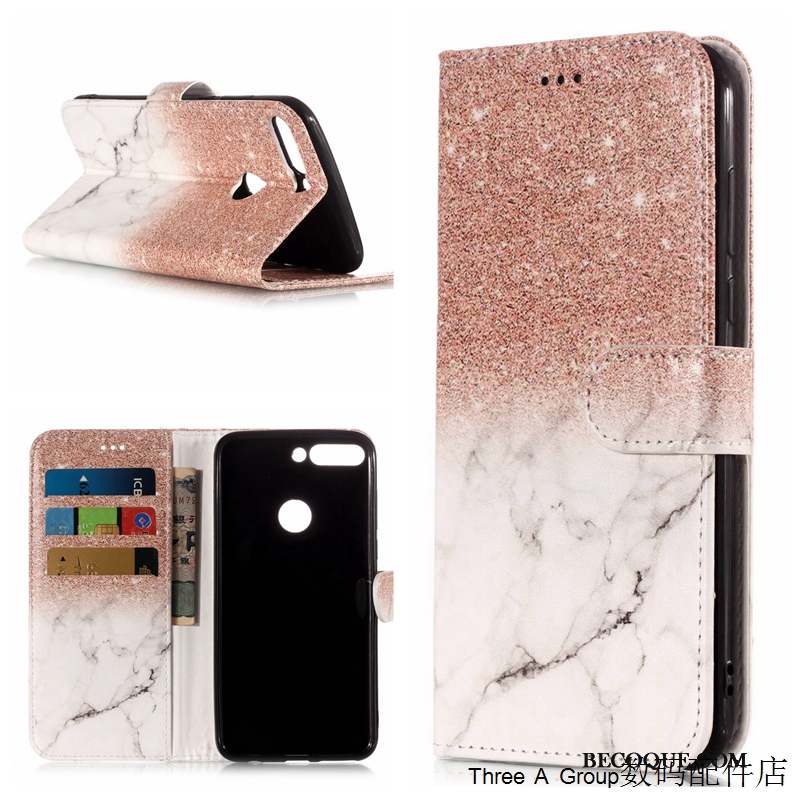 Huawei Y7 2018 Coque Étui Housse Protection Dessin Animé Rose Étui En Cuir