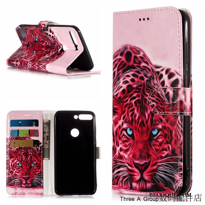 Huawei Y7 2018 Coque Étui Housse Protection Dessin Animé Rose Étui En Cuir