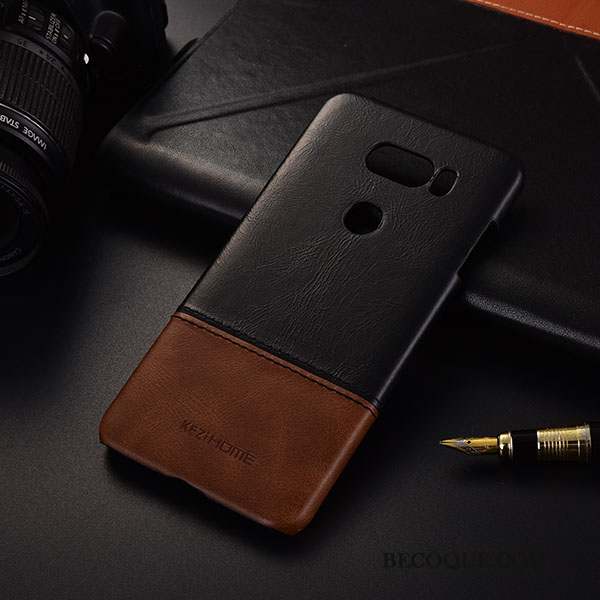 Lg V30 Étui Coque De Téléphone Business Cuir Véritable Noir Tendance