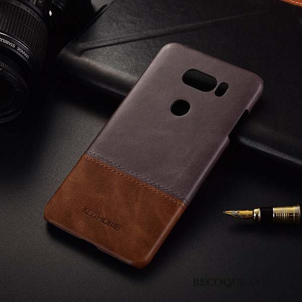 Lg V30 Étui Coque De Téléphone Business Cuir Véritable Noir Tendance