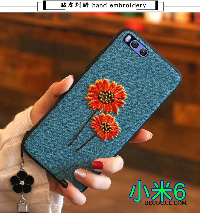 Mi 6 Coque Rouge Tout Compris Fluide Doux Broderie Bleu Protection