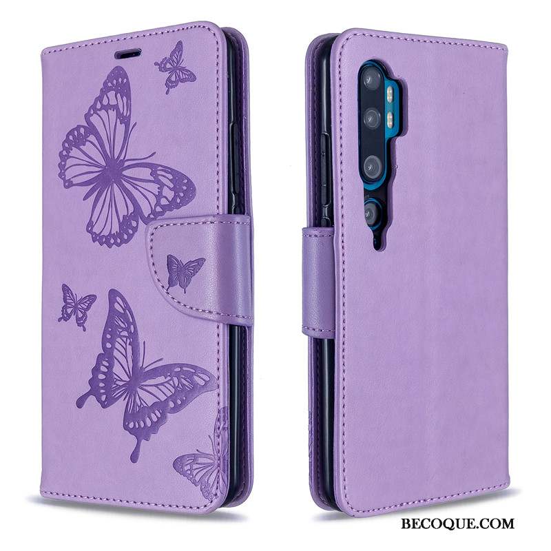 Mi Note 10 Coque Petit Étui Ornements Suspendus Gaufrage Papillon Couleur Unie