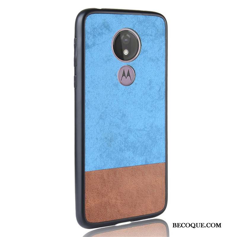 Moto G7 Power Étui Cuir Coque De Téléphone Denim Bleu Couture Couleurs