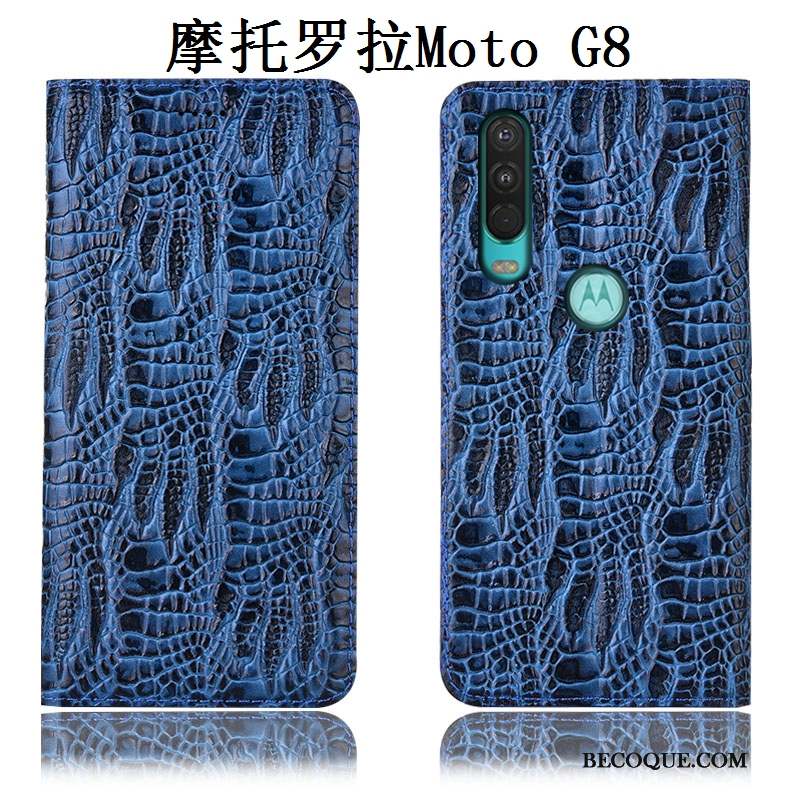 Moto G8 Coque De Téléphone Cuir Véritable Étui Bleu Protection Incassable